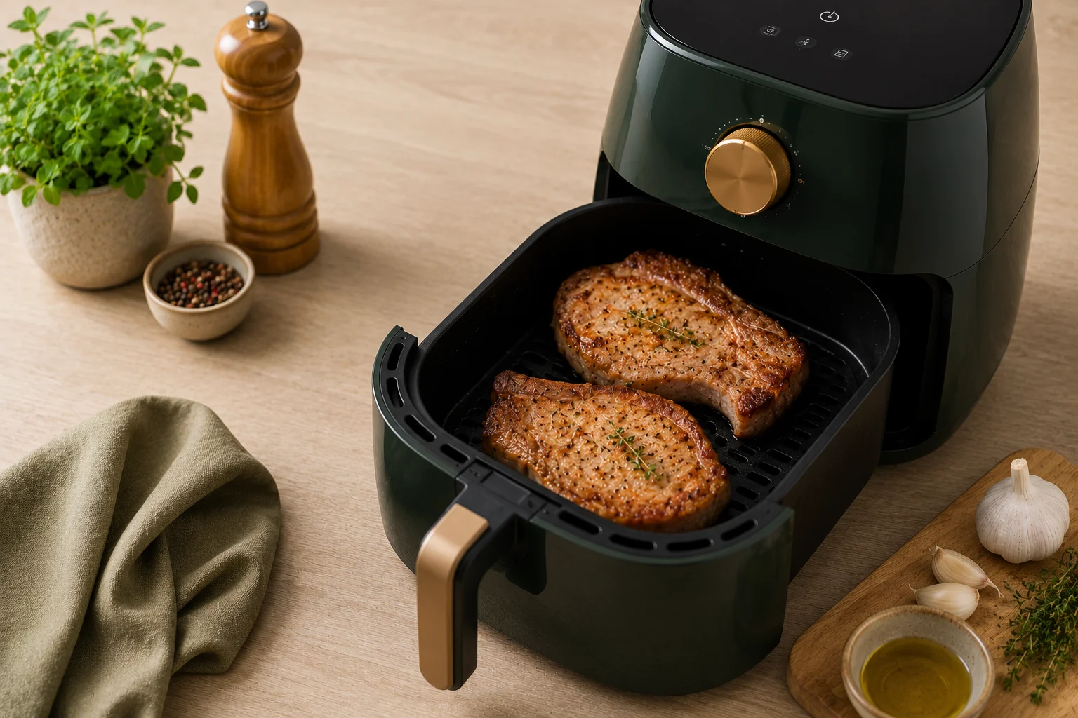 Côtelettes de porc dorées et juteuses cuites dans un air fryer, présentées sur une assiette avec des herbes fraîches