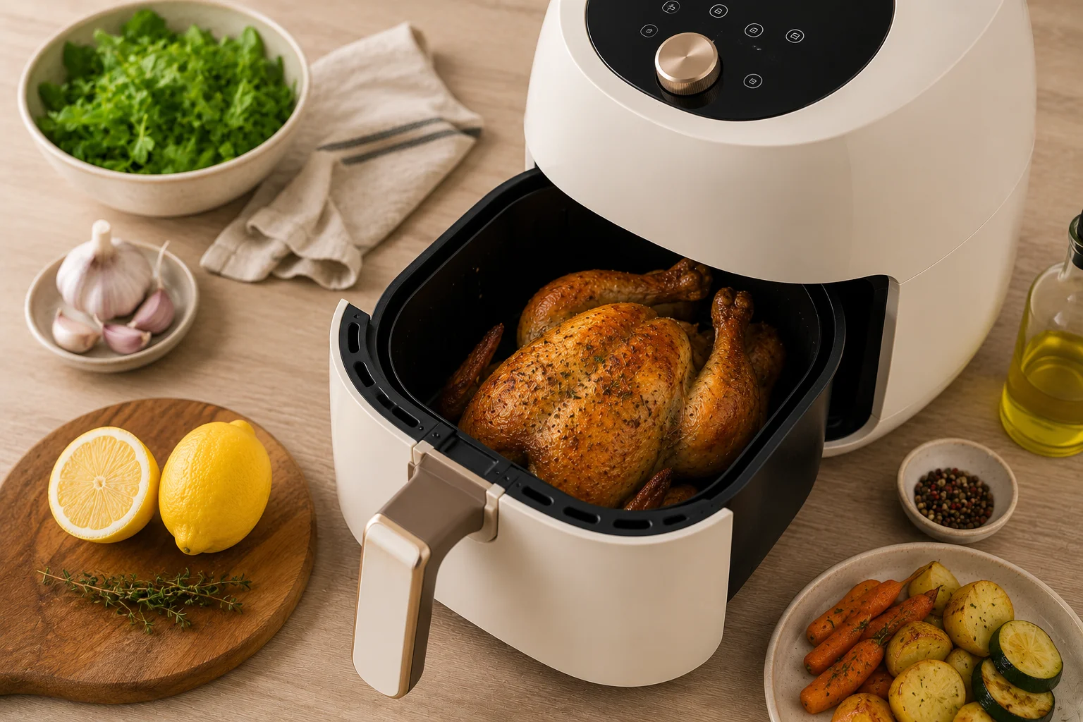 Poulet entier cuit à l'air fryer avec une peau dorée et croustillante, posé sur une planche à découper.