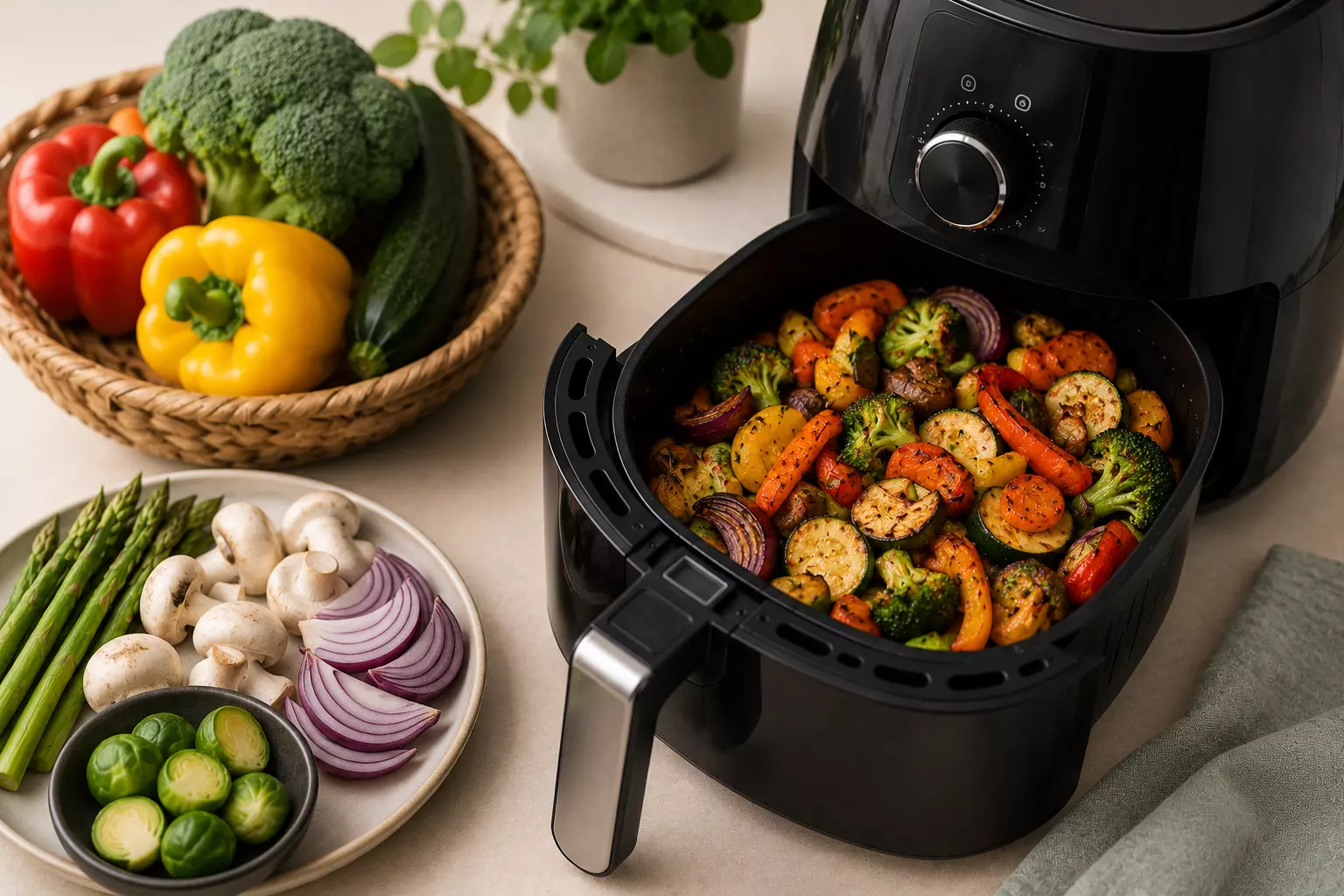 Assortiment de légumes rôtis dans un air fryer, dont courgettes, poivrons et brocolis