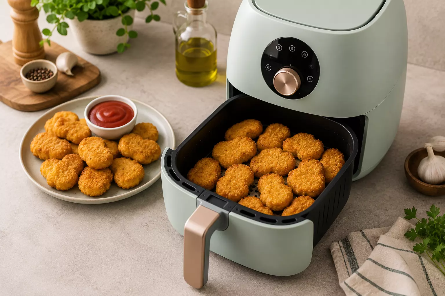 Nuggets de poulet croustillants cuits dans un air fryer, dorés et disposés dans un panier